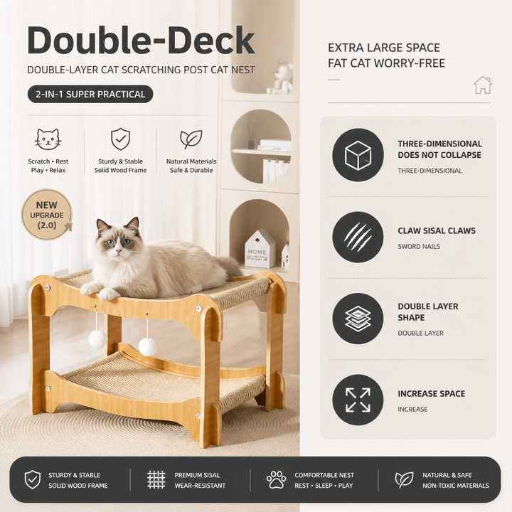Wooden Double-Decker Cat Play &amp; Lounge Bed with Sisal Scratching Ramp and Hanging Toys