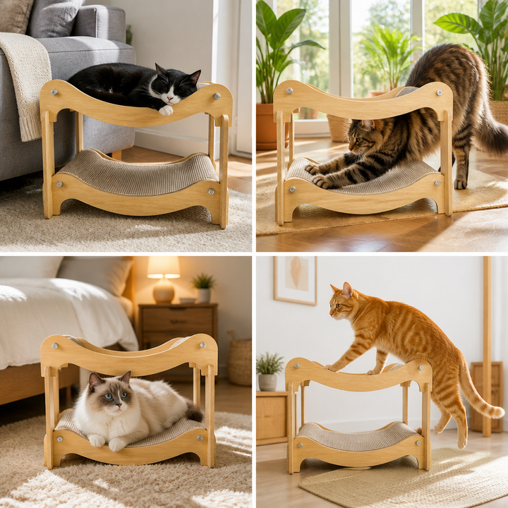 Wooden Double-Decker Cat Play &amp; Lounge Bed with Sisal Scratching Ramp and Hanging Toys