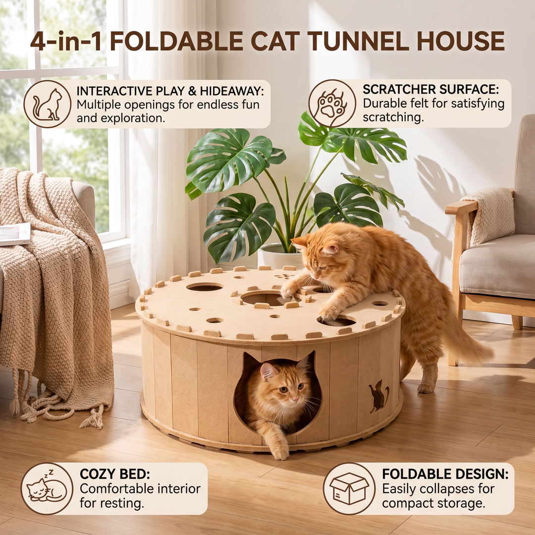 4-in-1 Foldable Cat Tunnel House – Interactive Hideaway, Scratcher &amp; Play Bed
