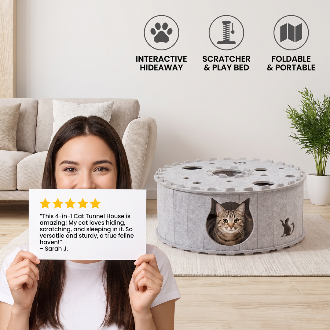 4-in-1 Foldable Cat Tunnel House – Interactive Hideaway, Scratcher &amp; Play Bed