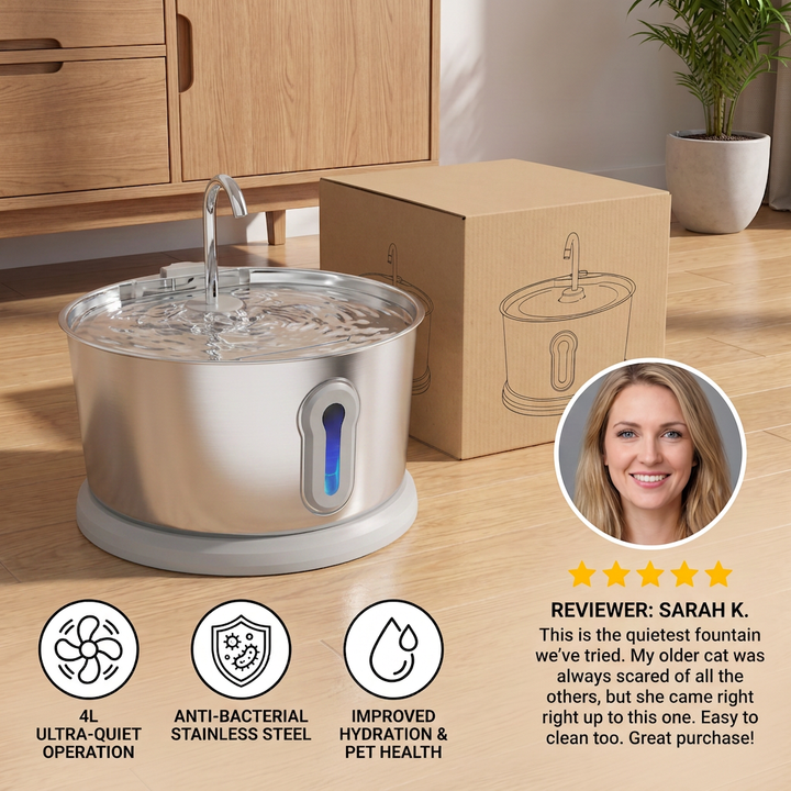 Smart Antibacterial Stainless Steel Pet Water Fountain – 4L Ultra-Quiet for Improved Pet Hydration &amp; Health