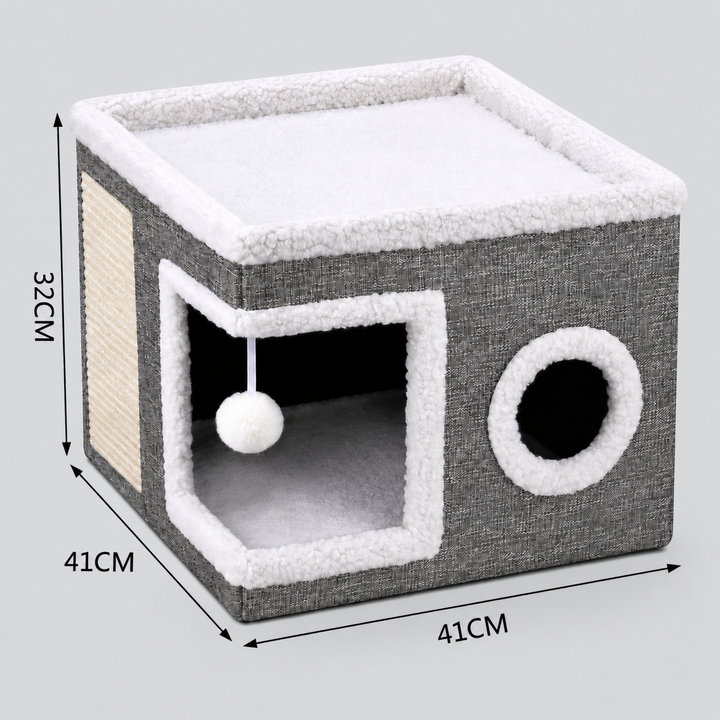 Modern Foldable Cat House with Double-Sided All-Season Cushion &amp; Hanging Toys