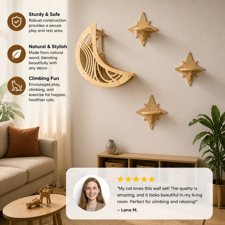 Modern Wooden Moon &amp; Star Wall-Mounted Cat Climbing Shelves &amp; Bed Set