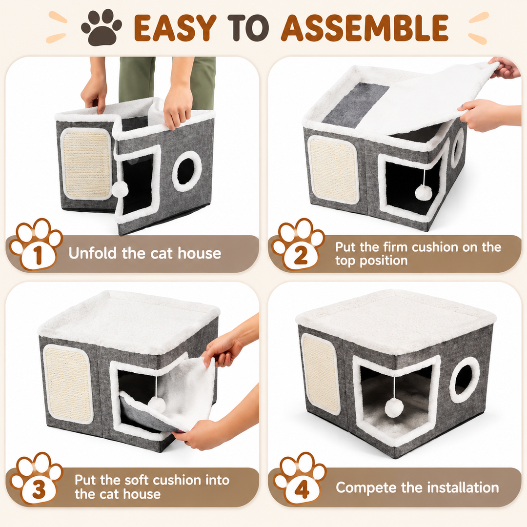 Modern Foldable Cat House with Double-Sided All-Season Cushion &amp; Hanging Toys