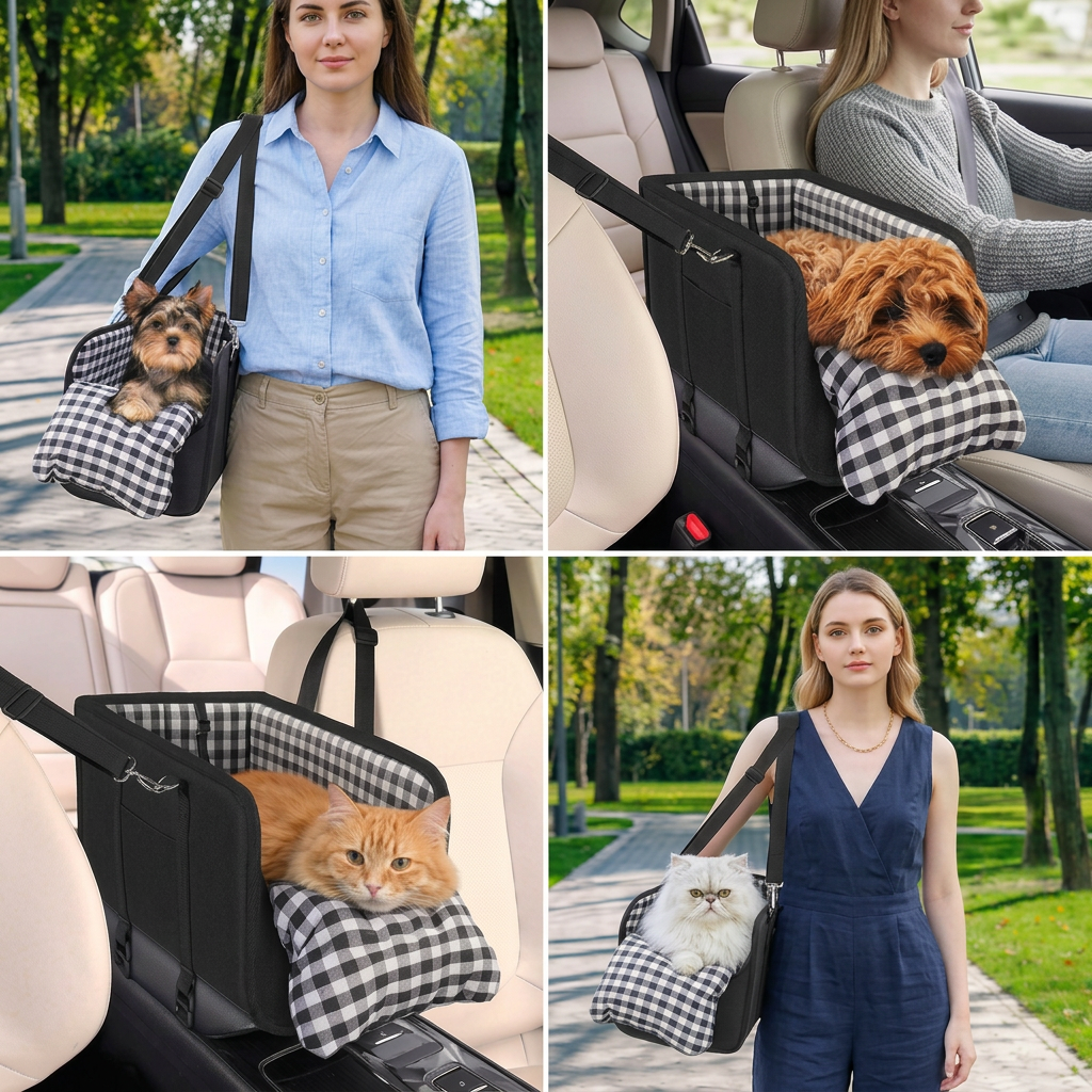 Safe Small Dog &amp; Cat Car Travel Carrier with Safety Leash &amp; Non-Slip Base