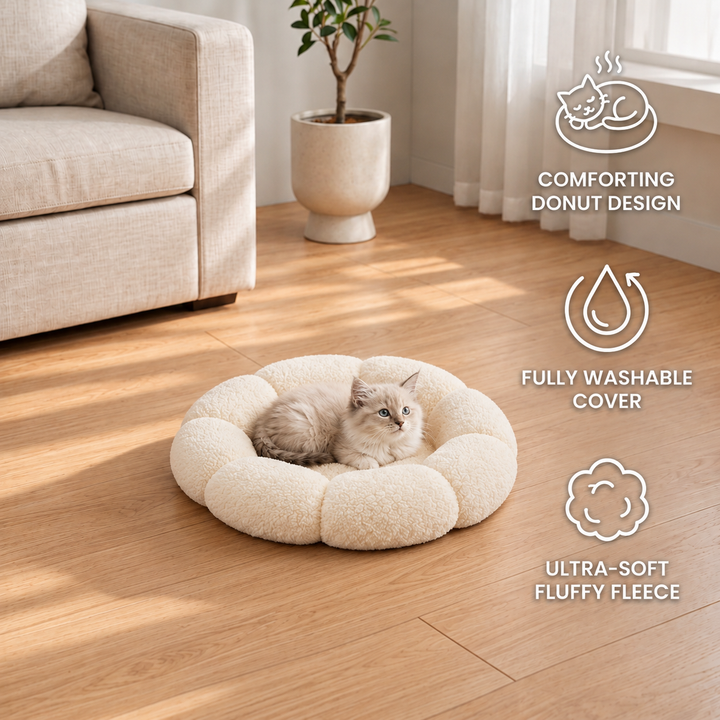 Luxury Floral Fluffy Donut Cat Bed – Soft &amp; Washable Round Cushion