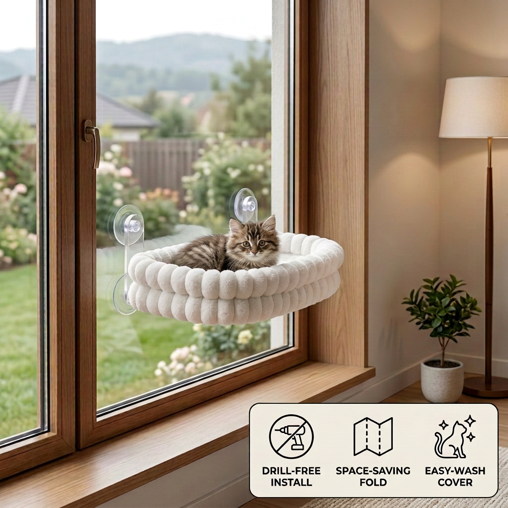 Fluffy Cordless Folding Cat Window Hammock with Strong Suction Cups &amp; Washable Cover