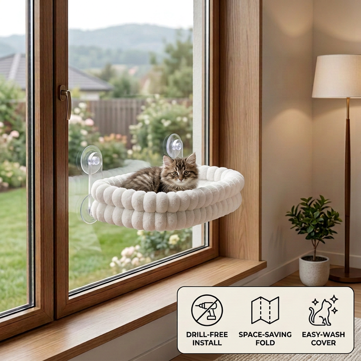 Fluffy Cordless Folding Cat Window Hammock with Strong Suction Cups &amp; Washable Cover