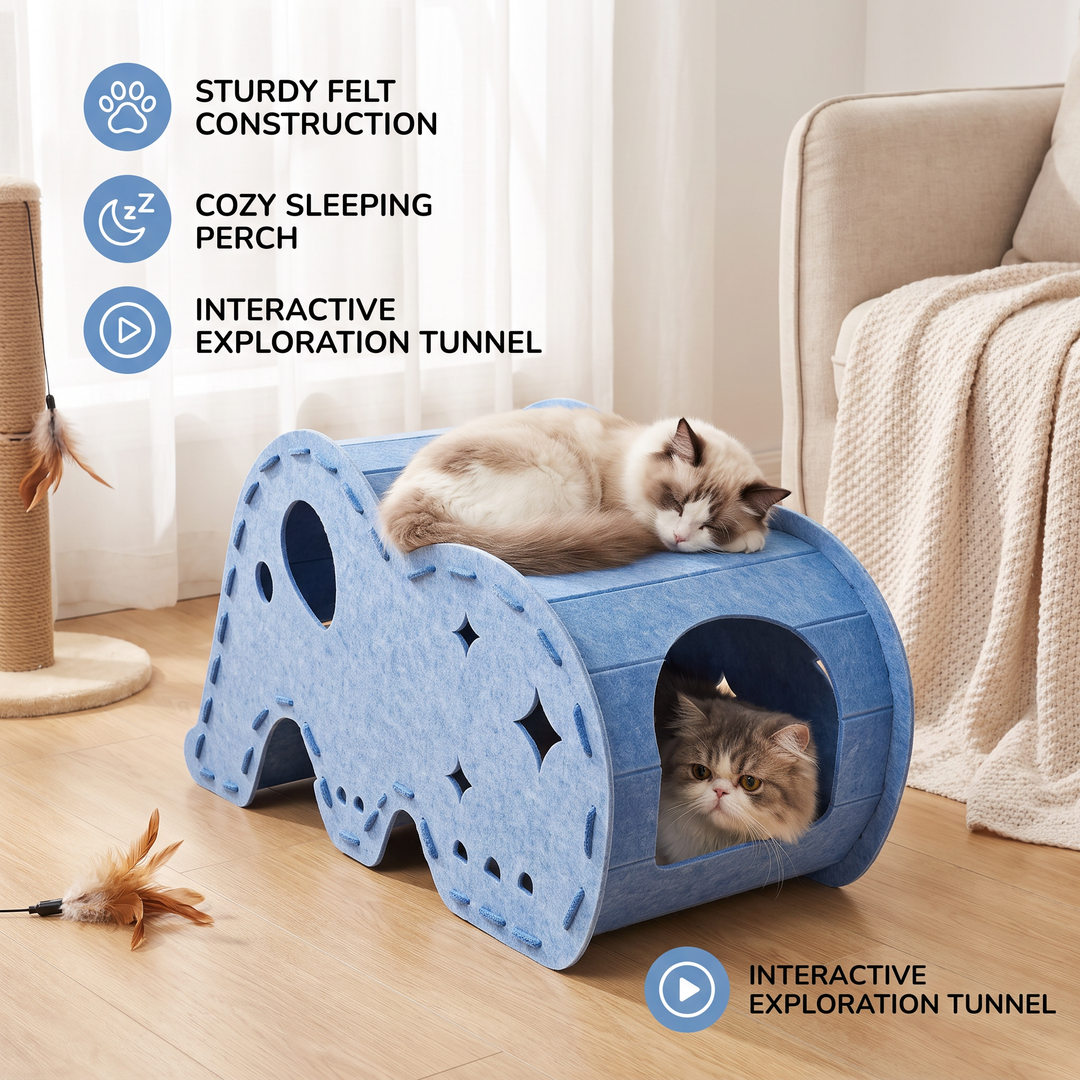 Elephant-Shaped Felt Cat Play Tunnel &amp; Cozy Bed – Foldable and Connectable Design