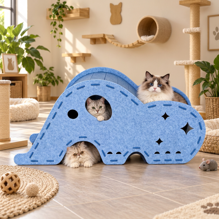 Elephant-Shaped Felt Cat Play Tunnel &amp; Cozy Bed – Foldable and Connectable Design
