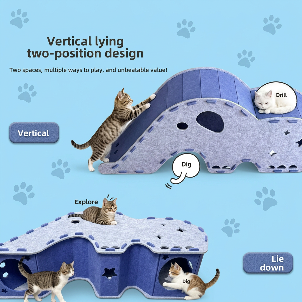 Elephant-Shaped Felt Cat Play Tunnel &amp; Cozy Bed – Foldable and Connectable Design