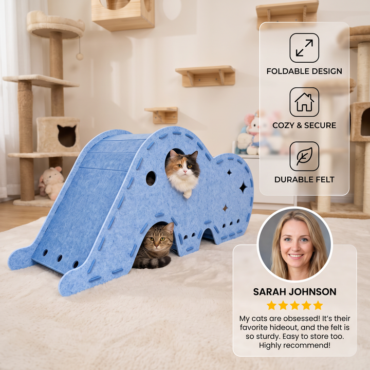 Elephant-Shaped Felt Cat Play Tunnel &amp; Cozy Bed – Foldable and Connectable Design