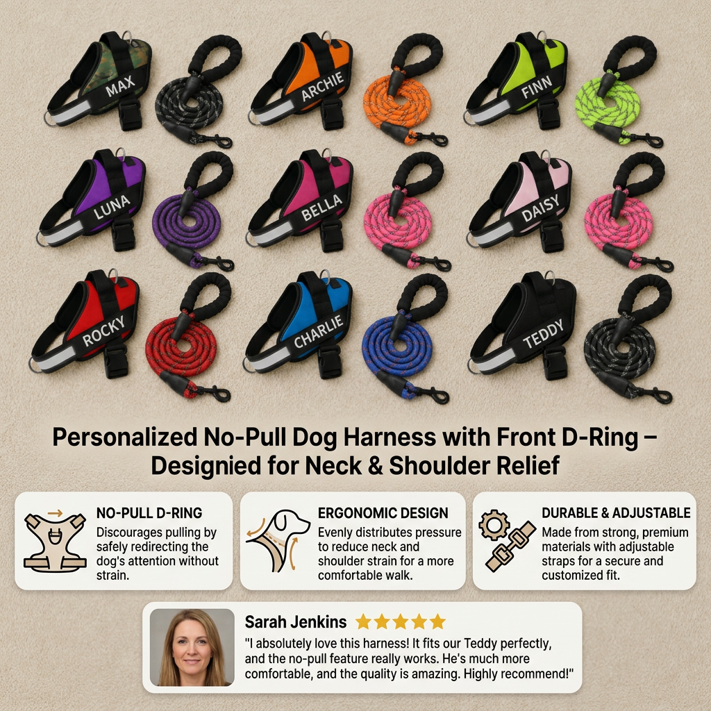 Personalized No-Pull Dog Harness with Front D-Ring – Designed for Neck &amp; Shoulder Relief