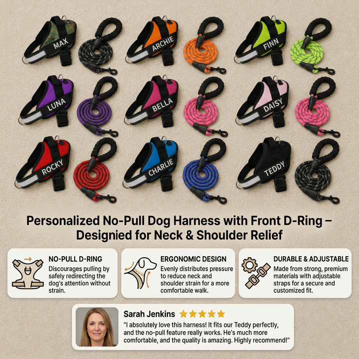 Personalized No-Pull Dog Harness with Front D-Ring – Designed for Neck &amp; Shoulder Relief