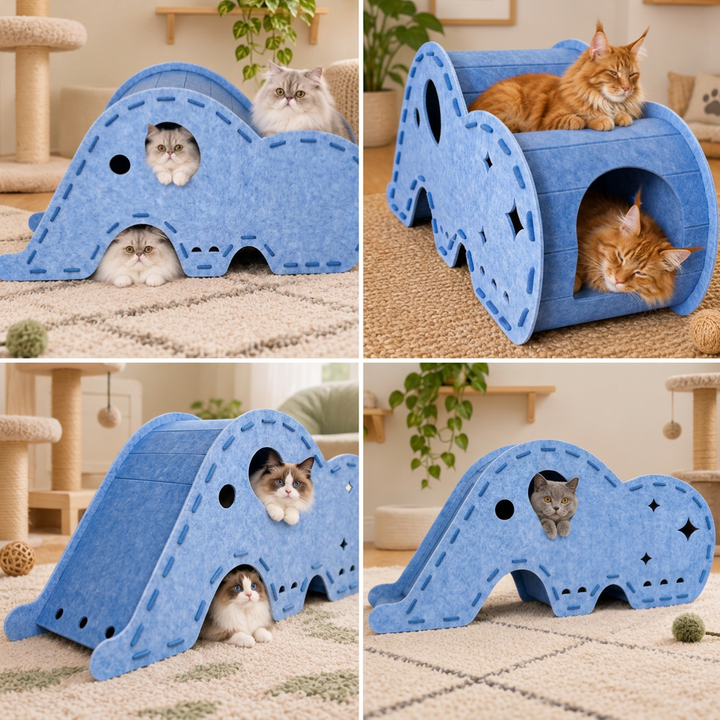 Elephant-Shaped Felt Cat Play Tunnel &amp; Cozy Bed – Foldable and Connectable Design