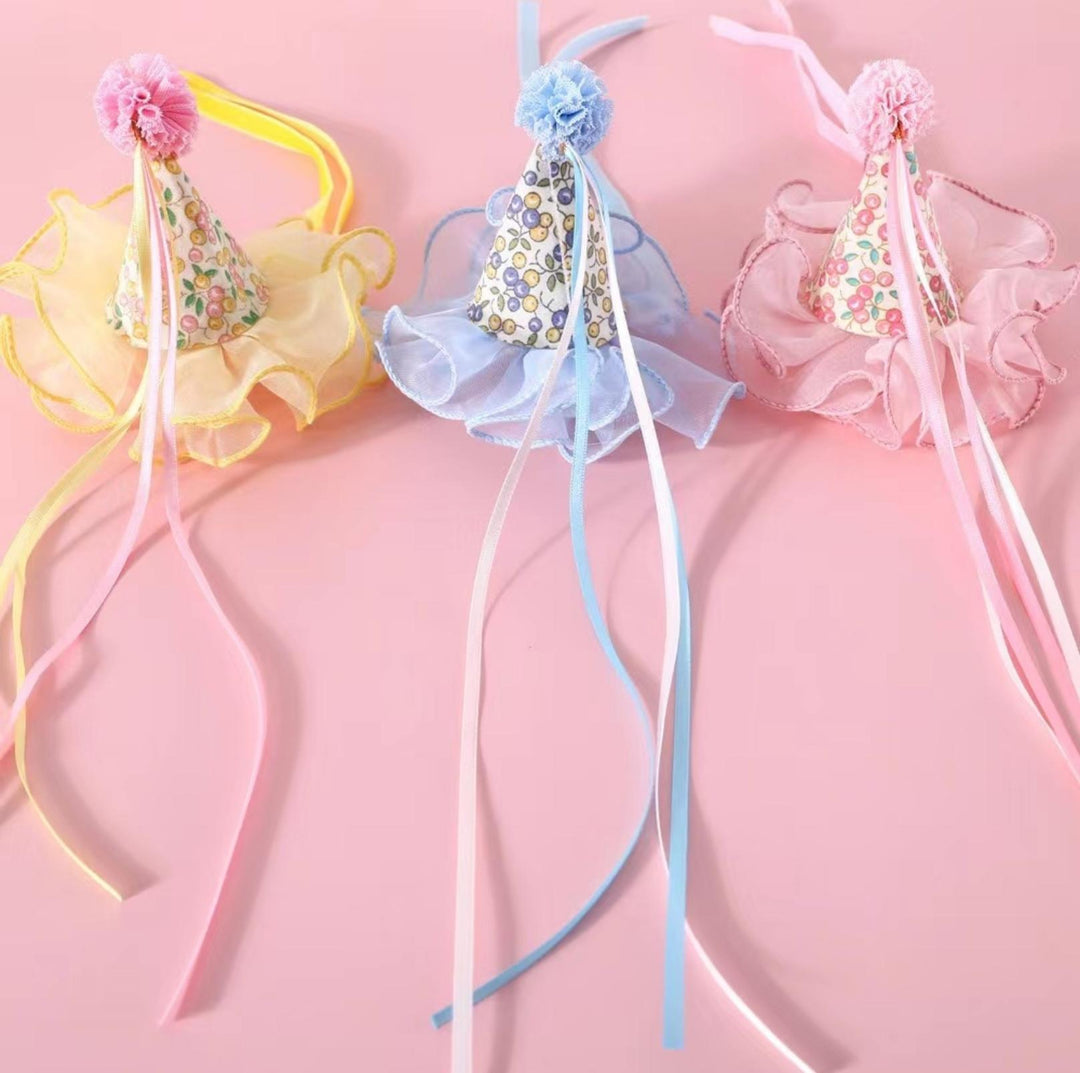 Floral Mesh Lace Accessory Set: Pet Birthday Hat &amp; Bow Tie Combo