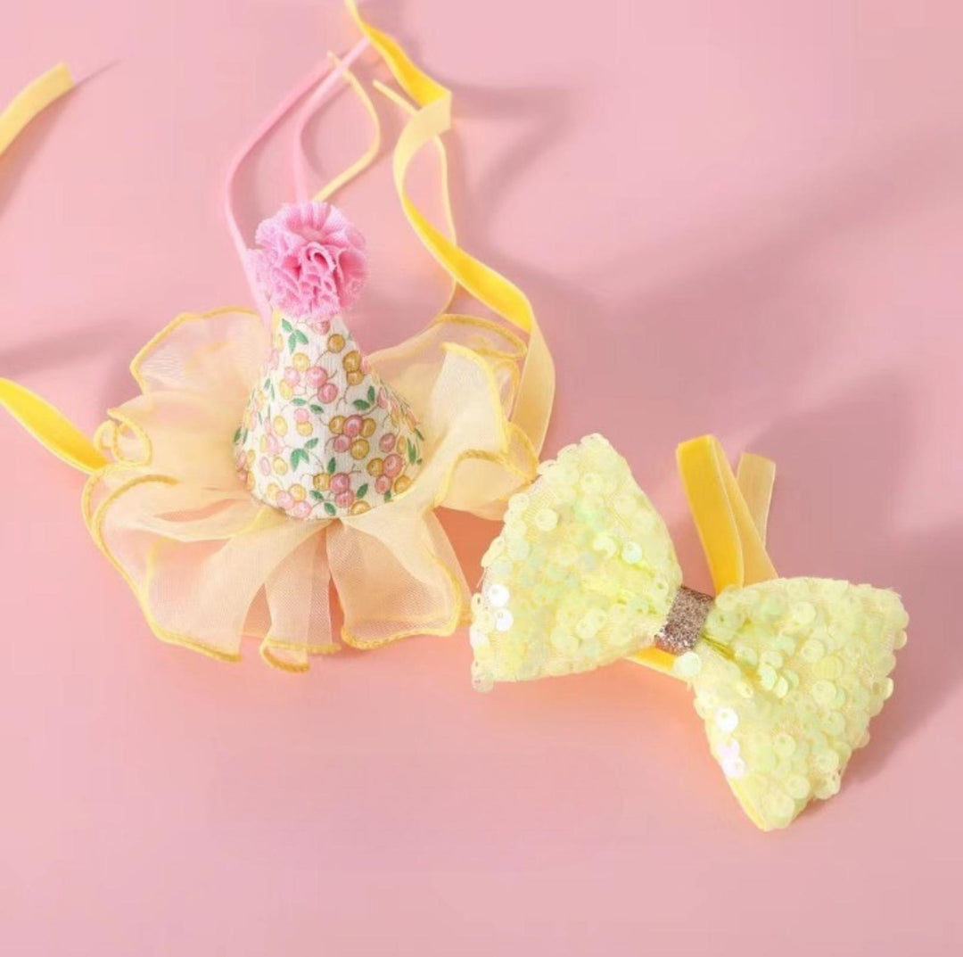 Floral Mesh Lace Accessory Set: Pet Birthday Hat &amp; Bow Tie Combo