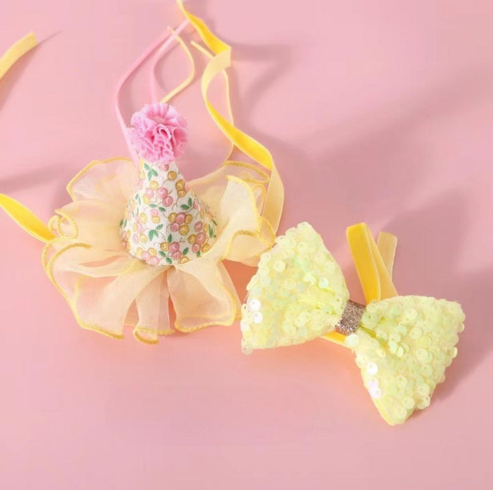 Floral Mesh Lace Accessory Set: Pet Birthday Hat &amp; Bow Tie Combo