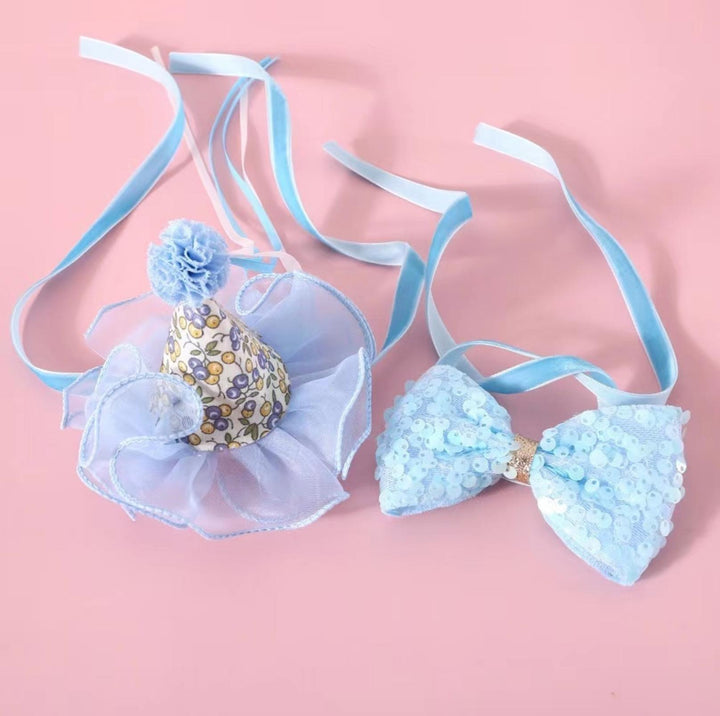 Floral Mesh Lace Accessory Set: Pet Birthday Hat &amp; Bow Tie Combo