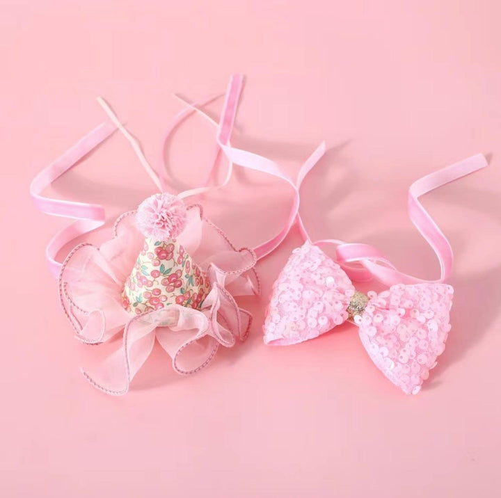 Floral Mesh Lace Accessory Set: Pet Birthday Hat &amp; Bow Tie Combo
