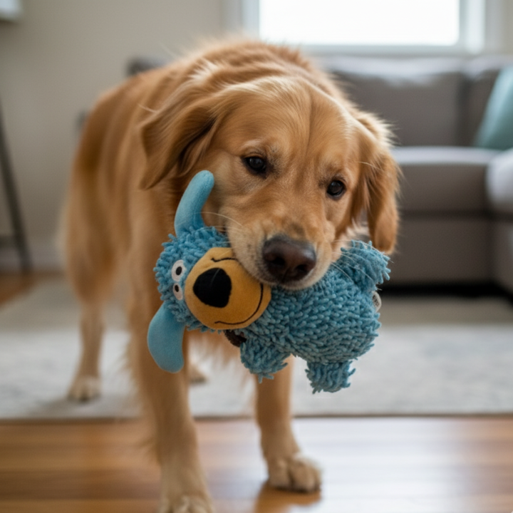 Giggling tooth cleaning toy in dog colours
