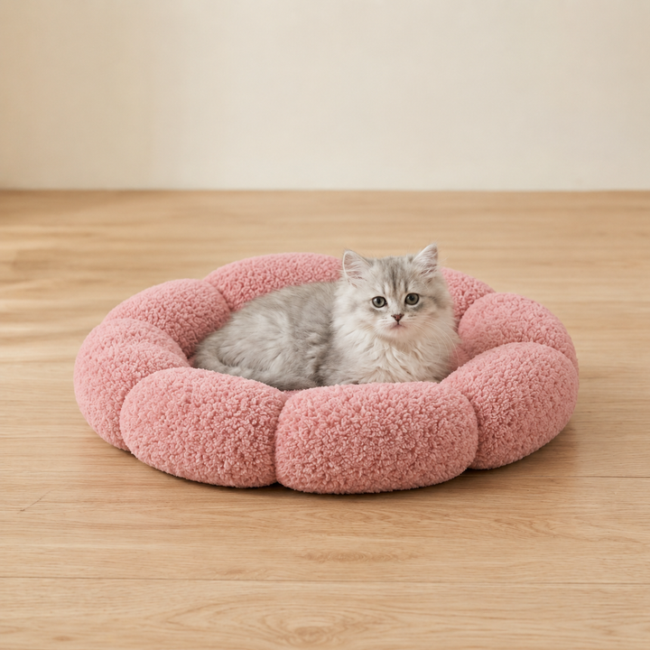Luxury Floral Fluffy Donut Cat Bed – Soft &amp; Washable Round Cushion