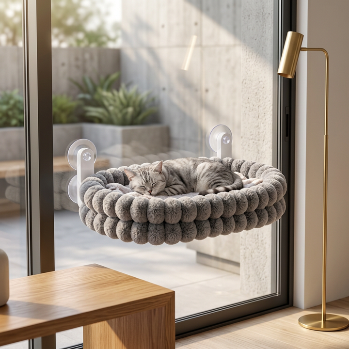 Fluffy Cordless Folding Cat Window Hammock with Strong Suction Cups &amp; Washable Cover