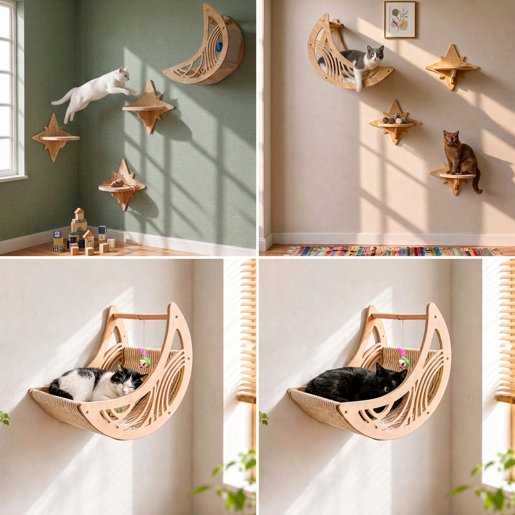 Modern Wooden Moon &amp; Star Wall-Mounted Cat Climbing Shelves &amp; Bed Set