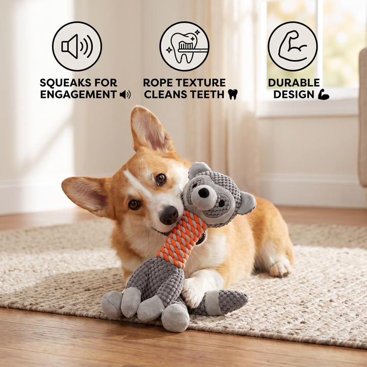 Durable Animal Plush Rope Dog Toy with Squeaker &amp; Teeth Cleaning