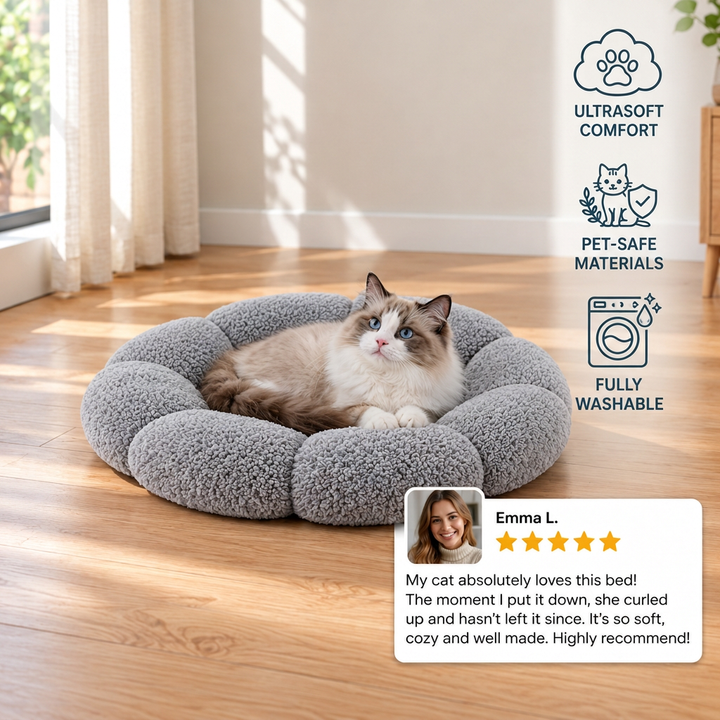 Luxury Floral Fluffy Donut Cat Bed – Soft &amp; Washable Round Cushion