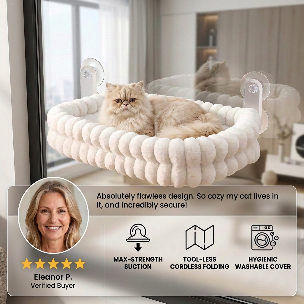 Fluffy Cordless Folding Cat Window Hammock with Strong Suction Cups &amp; Washable Cover
