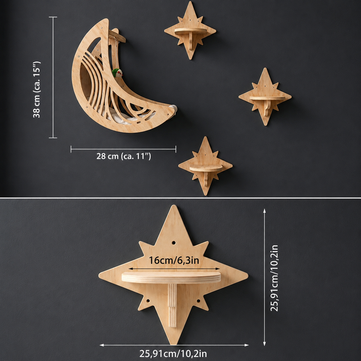 Modern Wooden Moon &amp; Star Wall-Mounted Cat Climbing Shelves &amp; Bed Set