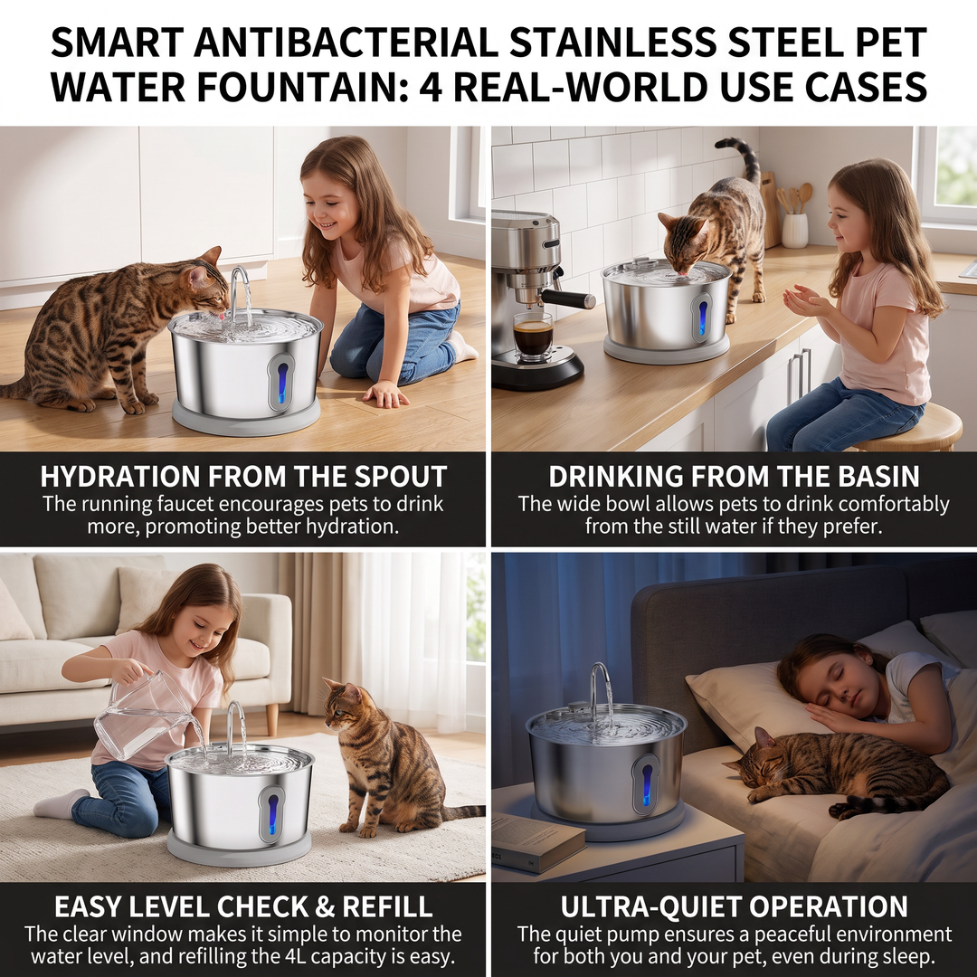 Smart Antibacterial Stainless Steel Pet Water Fountain – 4L Ultra-Quiet for Improved Pet Hydration &amp; Health