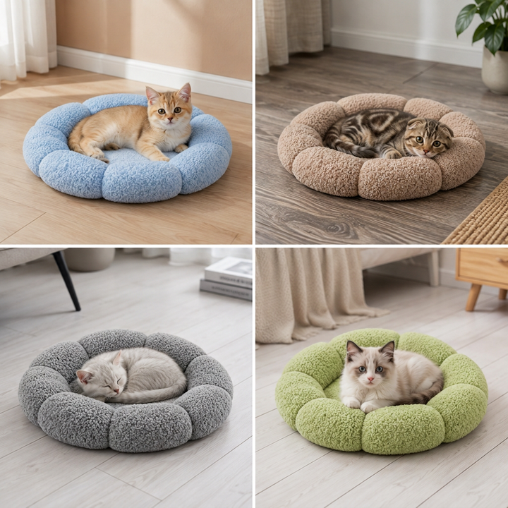 Luxury Floral Fluffy Donut Cat Bed – Soft &amp; Washable Round Cushion