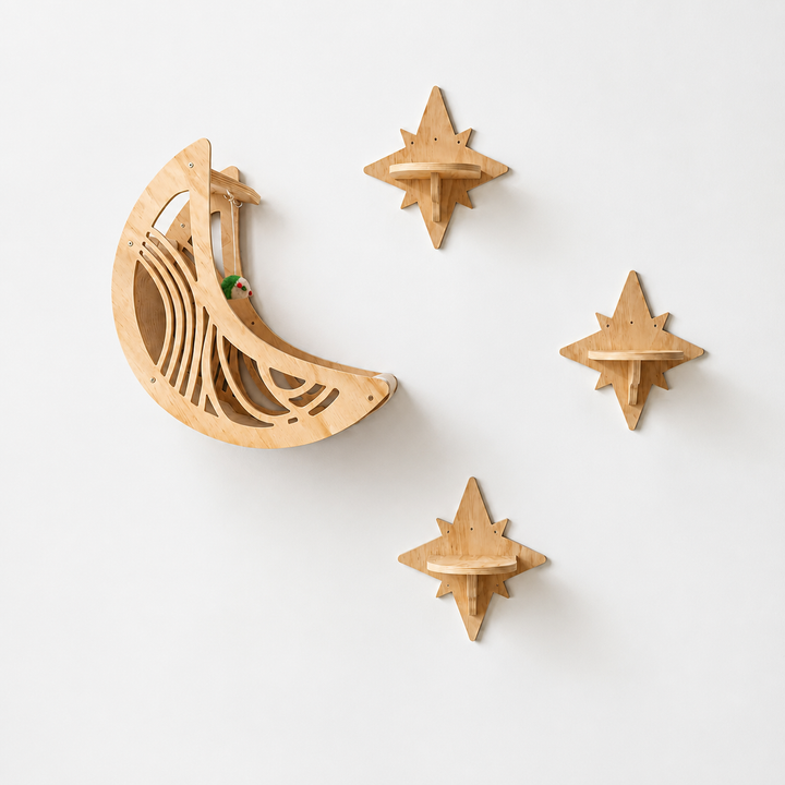 Modern Wooden Moon &amp; Star Wall-Mounted Cat Climbing Shelves &amp; Bed Set